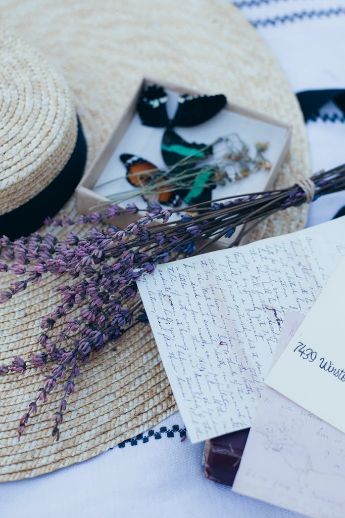 Flat lay featuring lavender, handwritten letters, butterflies, and a straw hat, evoking romance and nostalgia.